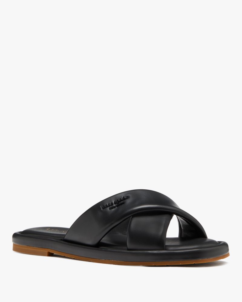 Kate Spade,Rio Slide Sandals,Faux Leather,Slides,Logo,Metal,Casual,Black