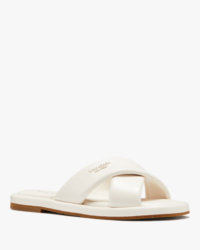 Kate Spade,Rio Slide Sandals,Faux Leather,Slides,Logo,Metal,Casual,Cream