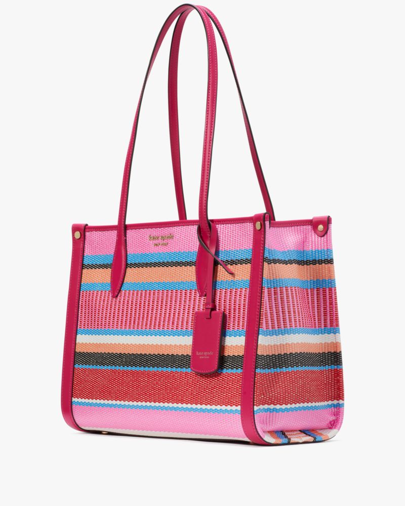 Kate Spade,Market Striped Woven Straw Medium Tote,Wild Raspberry Multi