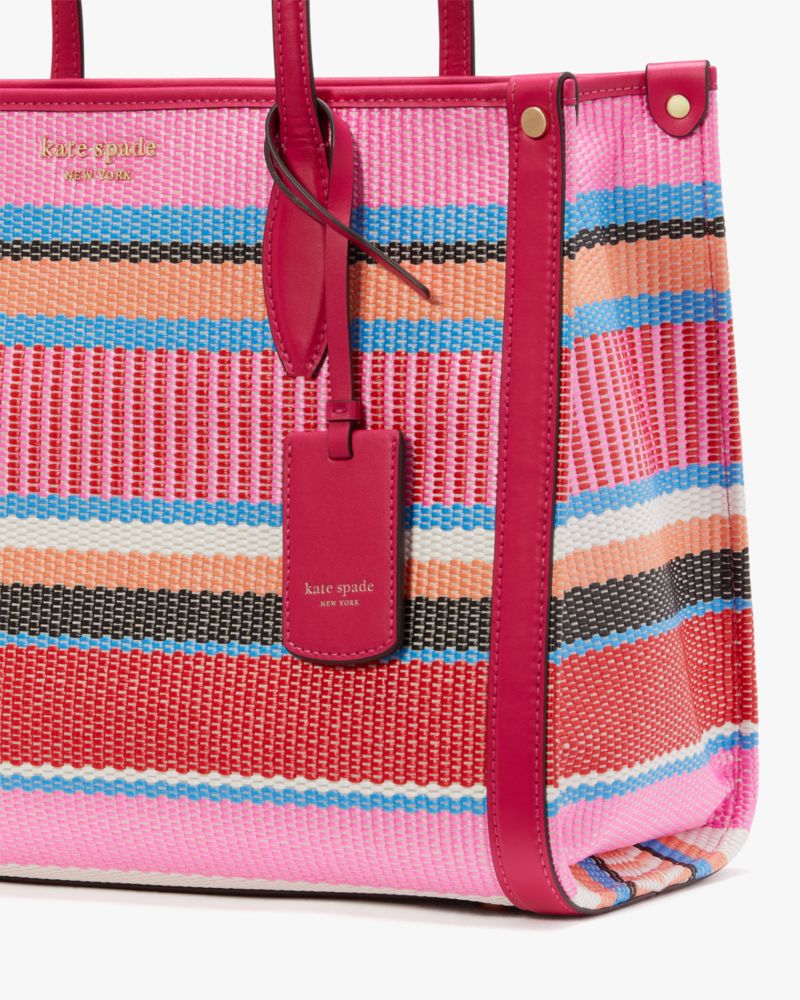 Kate Spade,Market Striped Woven Straw Medium Tote,Leather,Tote,Straw,Logo,Metal,Piping,Studded,Casual,Multi Color