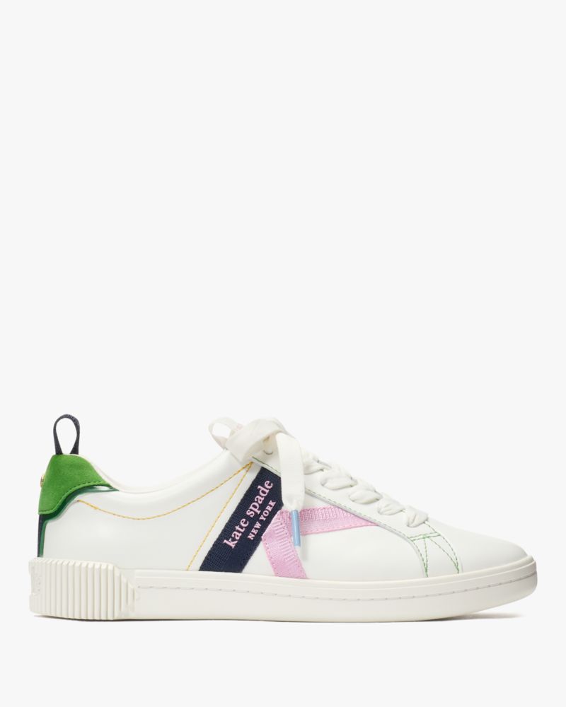 Kate Spade,K As In Kate Court Sneaker,Casual,Fabric,Mixed Media,Color Block,Pull Tab,Casual,White