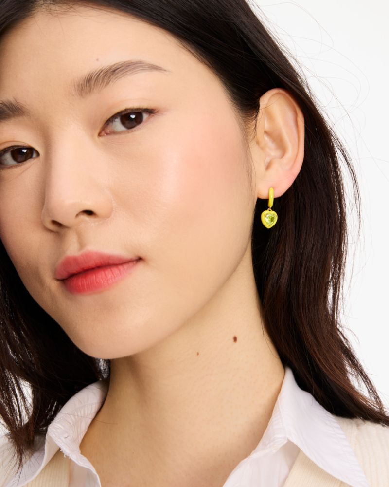 Kate Spade,Sweetheart Huggies,Dangle Earring,Huggies,Enamel,Metal Material,Cubic Zirconia,Gem Embellishment,Gold Plated,Ye...,Green