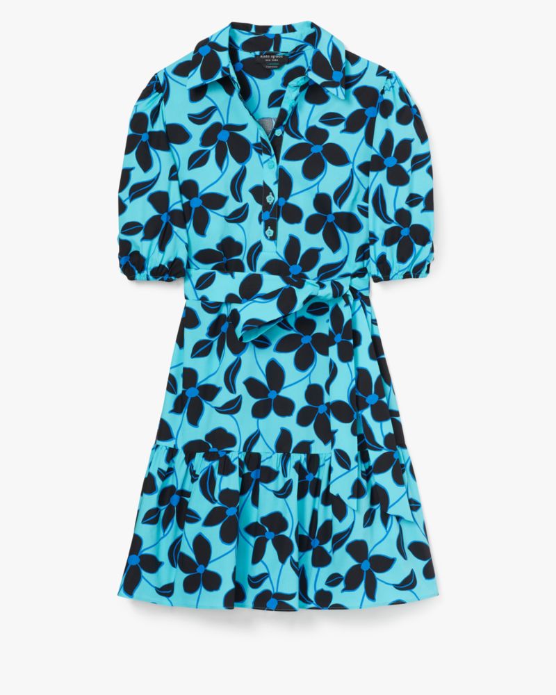 Kate Spade,Floral Vines Lake Dress,Cotton,A-Line,Shirt Dress,Tie Belt,Day Party,Blue