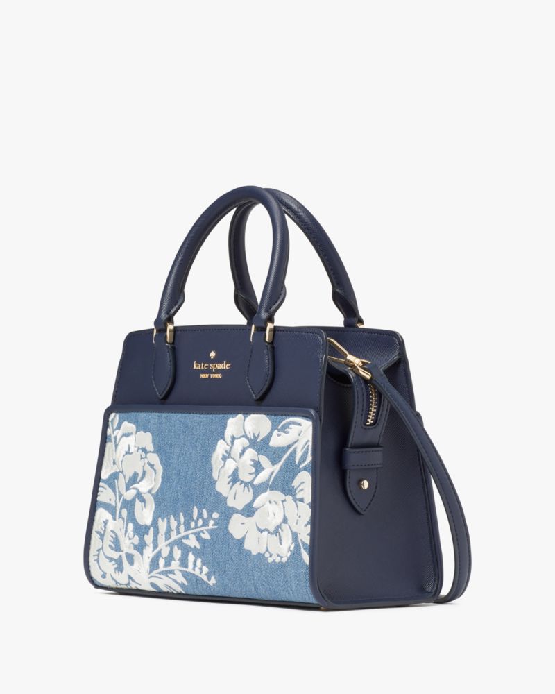 Kate Spade,Madison Vase Floral Embroidered Small Satchel,Blue Multi