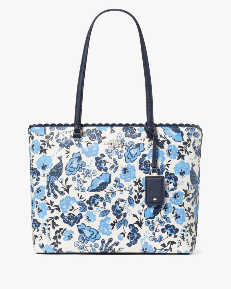 Kate Spade,Perfect Plume Peacock Floral Printed Large Tote,Blue Multicolor