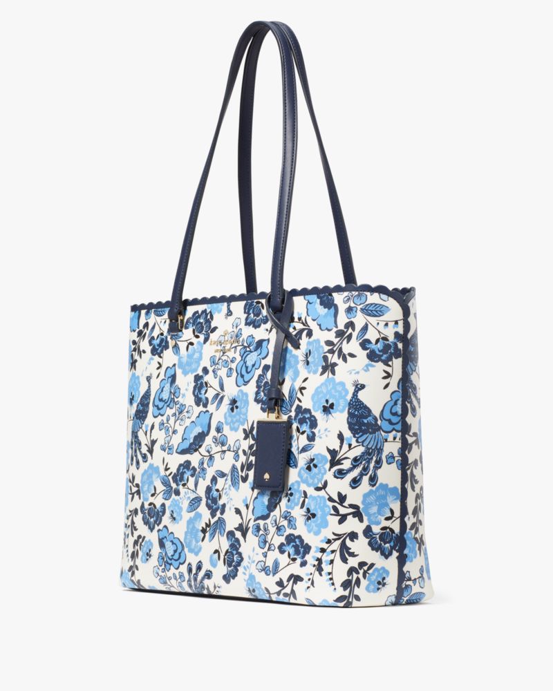 Kate Spade,Perfect Plume Peacock Floral Printed Large Tote,Blue Multicolor