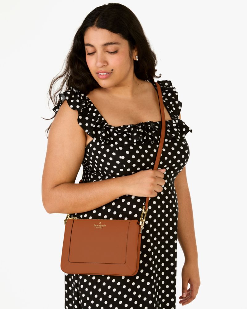 Kate Spade,Lena Double Compartment Crossbody,Crossbody,Metal Material,Logo,Metal,Casual,Brown