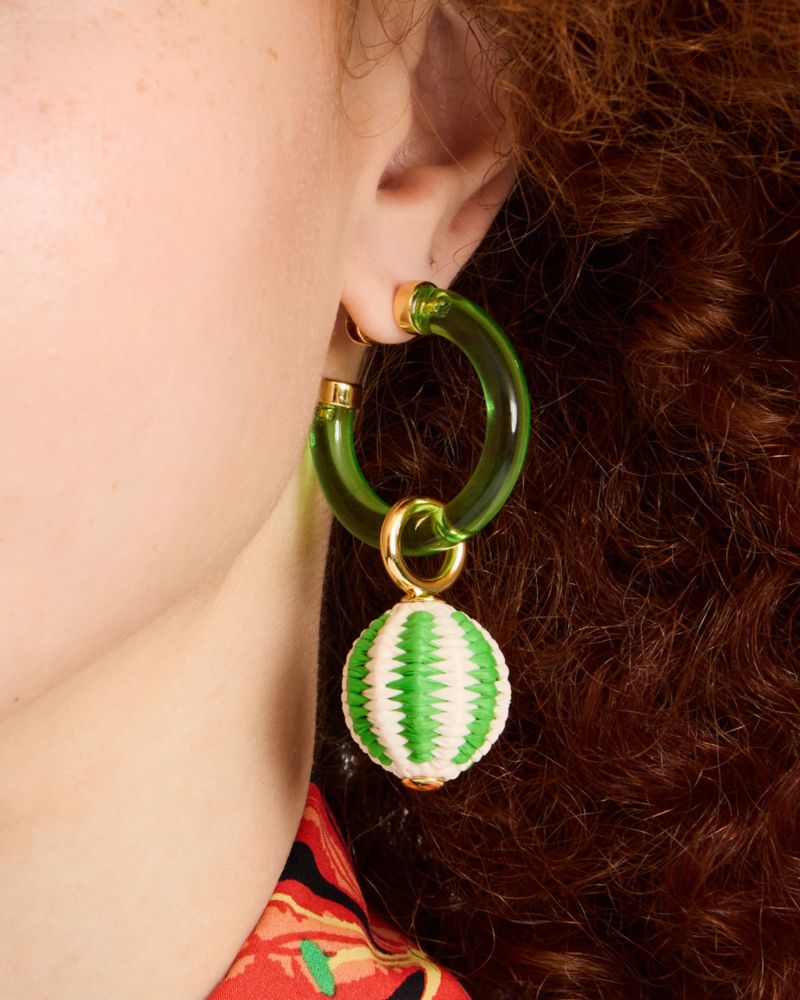 Kate Spade,Feeling Bubbly Raffia Charm Hoops,Hoops,Dangle Earring,Resin,Cubic Zirconia,Mixed Media,Novelty Embellishment,B...,Green