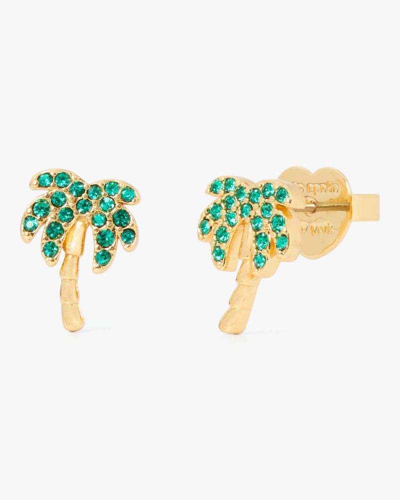 Kate Spade,Away We Go Pavé Palm Tree Studs,Studs,Novelty Embellishment,Rhinestones,Pave Embellishment,Gold Metal,Day Party,Emerald