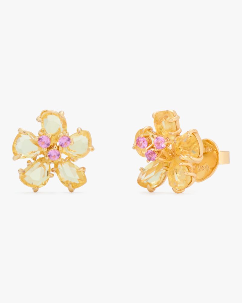 Kate Spade,Paradise Flower Studs,Studs,Rhinestones,Floral Embellishment,Gold Metal,Day Party,Yellow