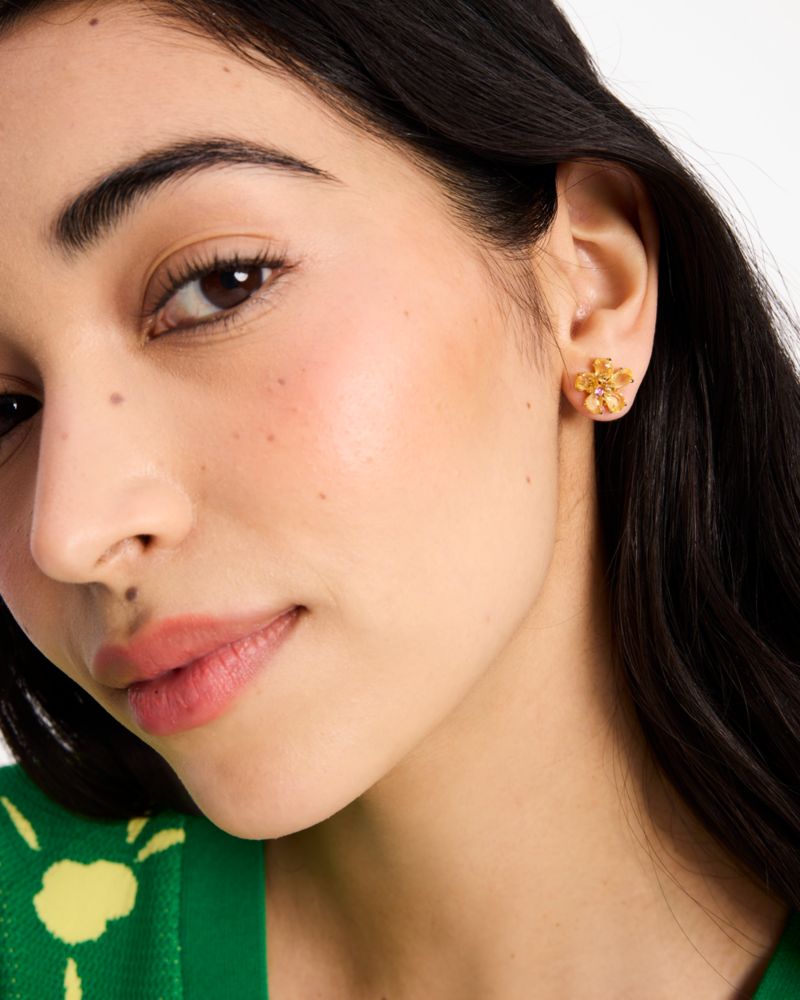 Kate Spade,Paradise Flower Studs,Studs,Rhinestones,Floral Embellishment,Gold Metal,Day Party,