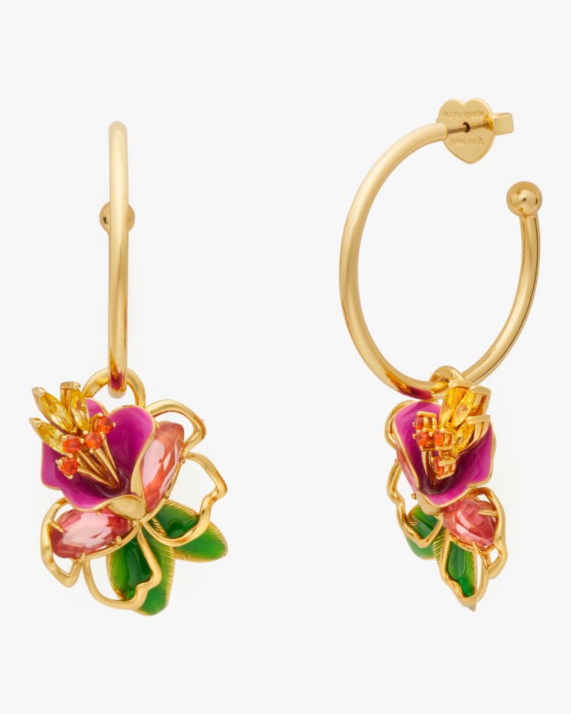 Kate Spade,Paradise Floral Charm Hoops,Hoops,Dangle Earring,Floral Embellishment,Gold Metal,Day Party,