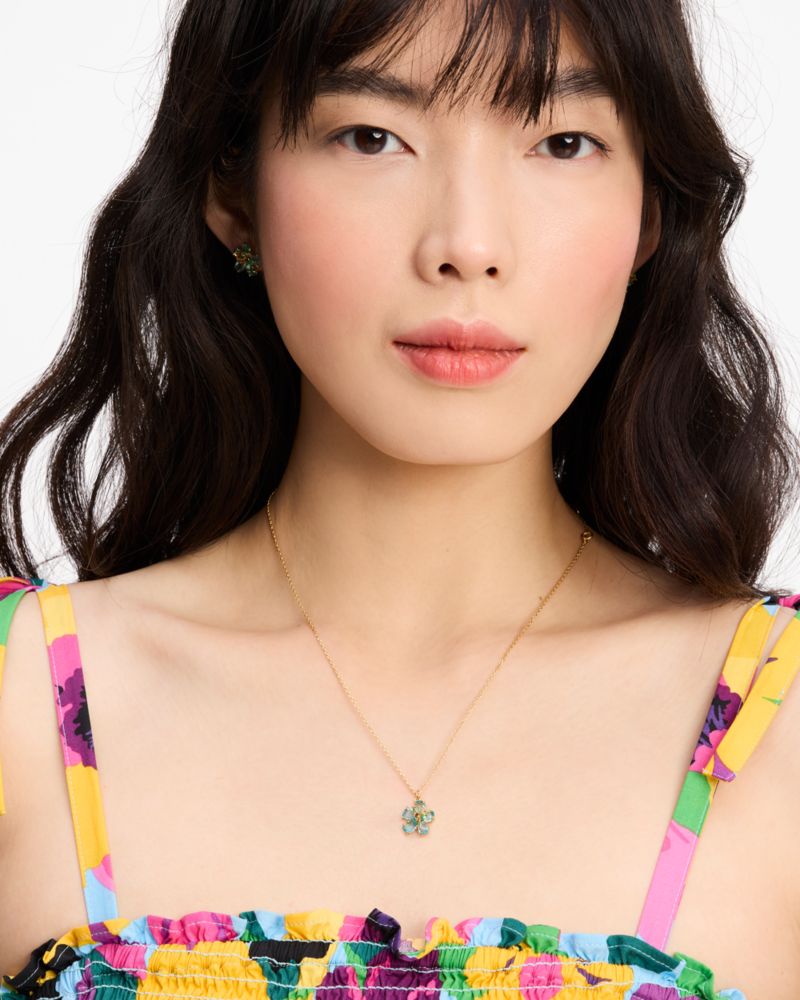 Kate Spade,Paradise Flower Mini Pendant,Single Strand,Gem Embellishment,Floral Embellishment,Gold Metal,Day Party,Teal