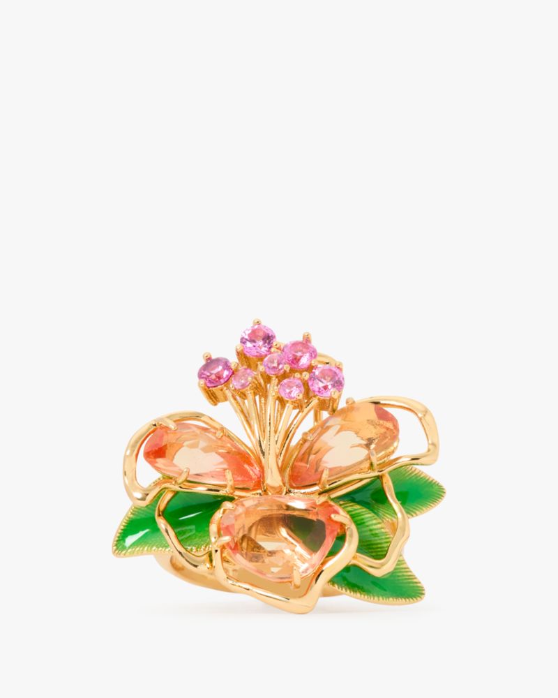 Kate Spade,Paradise Flower Cocktail Ring,Cocktail,Rhinestones,Floral Embellishment,Gold Metal,Cocktail,Multi Color