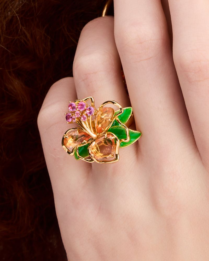 Kate Spade,Paradise Flower Cocktail Ring,Cocktail,Rhinestones,Floral Embellishment,Gold Metal,Cocktail,Multi Color