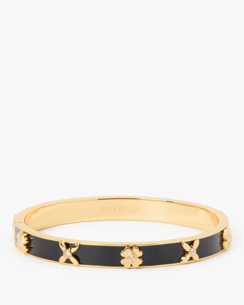 Kate Spade,Heritage Bloom Hinged Bangle,Enamel,Floral Embellishment,Logo,Rhinestones,Gold Metal,Day Party,Black