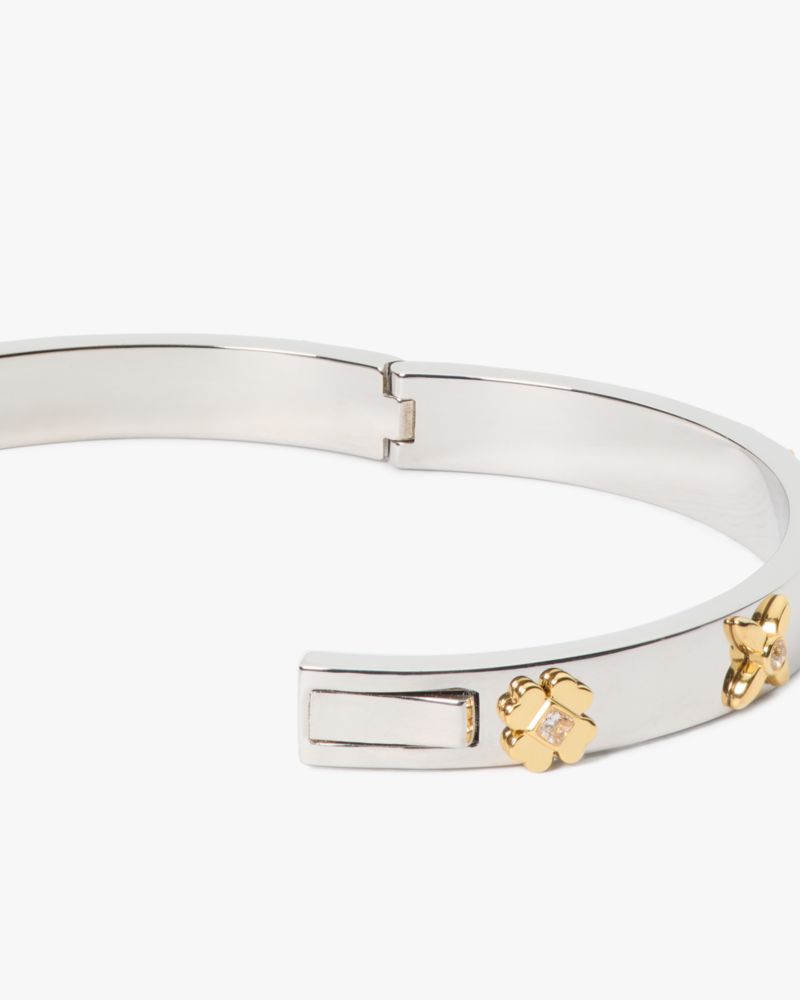 Kate Spade,Heritage Bloom Hinged Bangle,Logo,Floral Embellishment,Rhinestones,Mixed Metal,Day Party,Clear