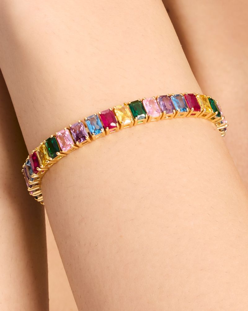 Kate Spade,Rainbow Joy Baguette Tennis Bracelet,Crystal,Gem Embellishment,Set,Gold Metal,Cocktail,Multi Color