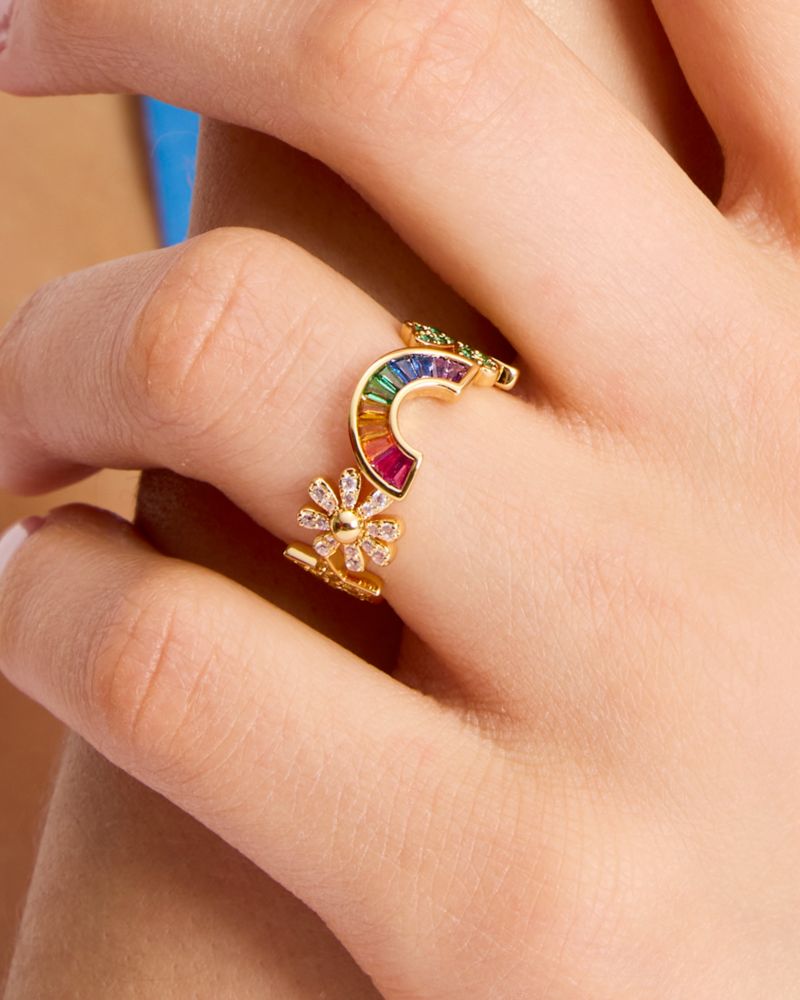 Kate Spade,Rainbow Joy Charm Ring,Single Band,Crystal,Floral Embellishment,Star Embellishment,Heart Embellishment,Gem Embe...,