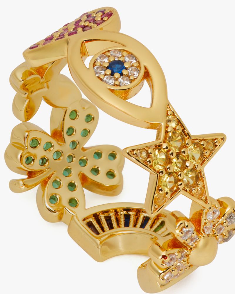 Kate Spade,Rainbow Joy Charm Ring,Single Band,Crystal,Floral Embellishment,Star Embellishment,Heart Embellishment,Gem Embe...,