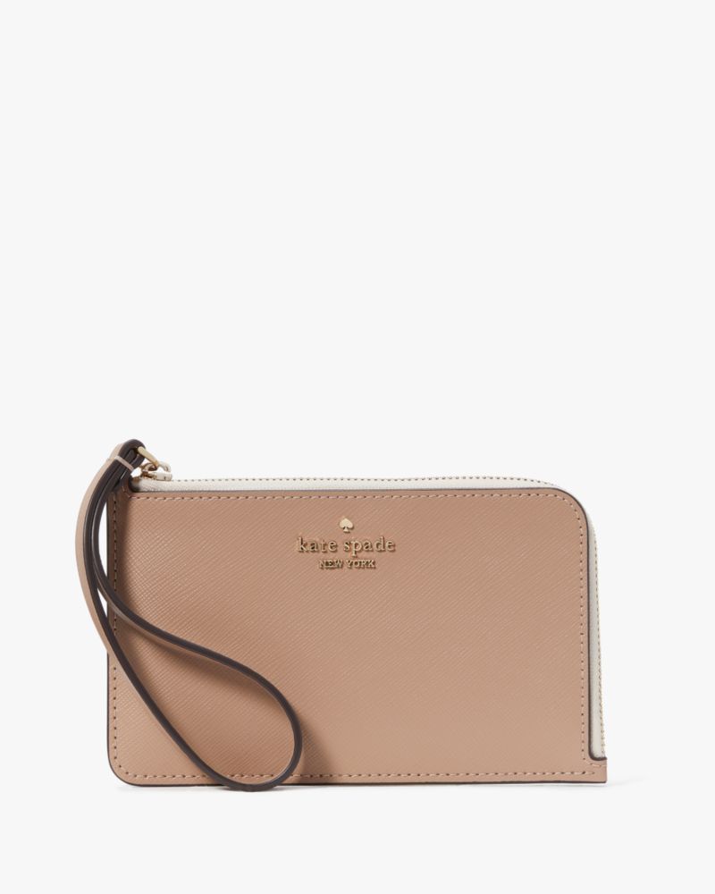 Kate Spade,Lucy Bicolor Small L Zip Wristlet,Leather,Pouch,Wristlet,Metal,Logo,Silver Metal,Casual,Beige