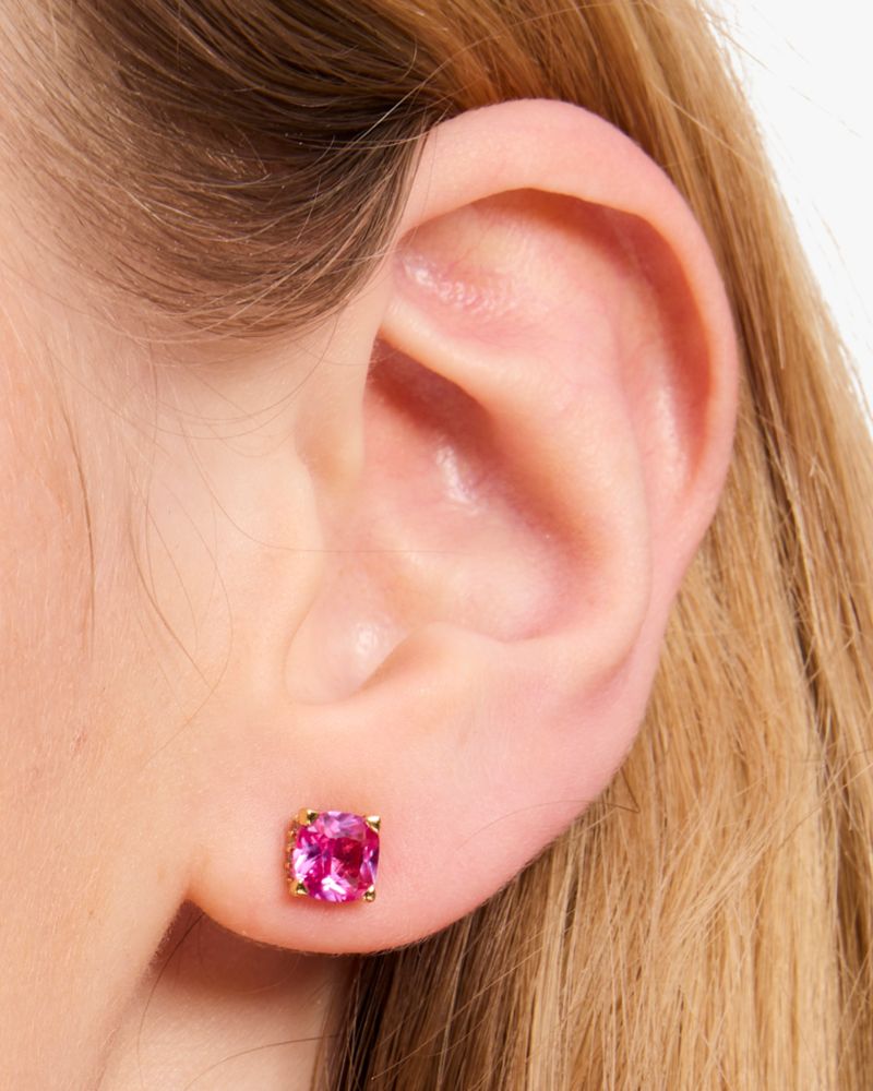 Kate Spade,Little Luxuries 6mm Square Studs,Studs,Rhinestones,Gold Metal,Cocktail,Fuchsia