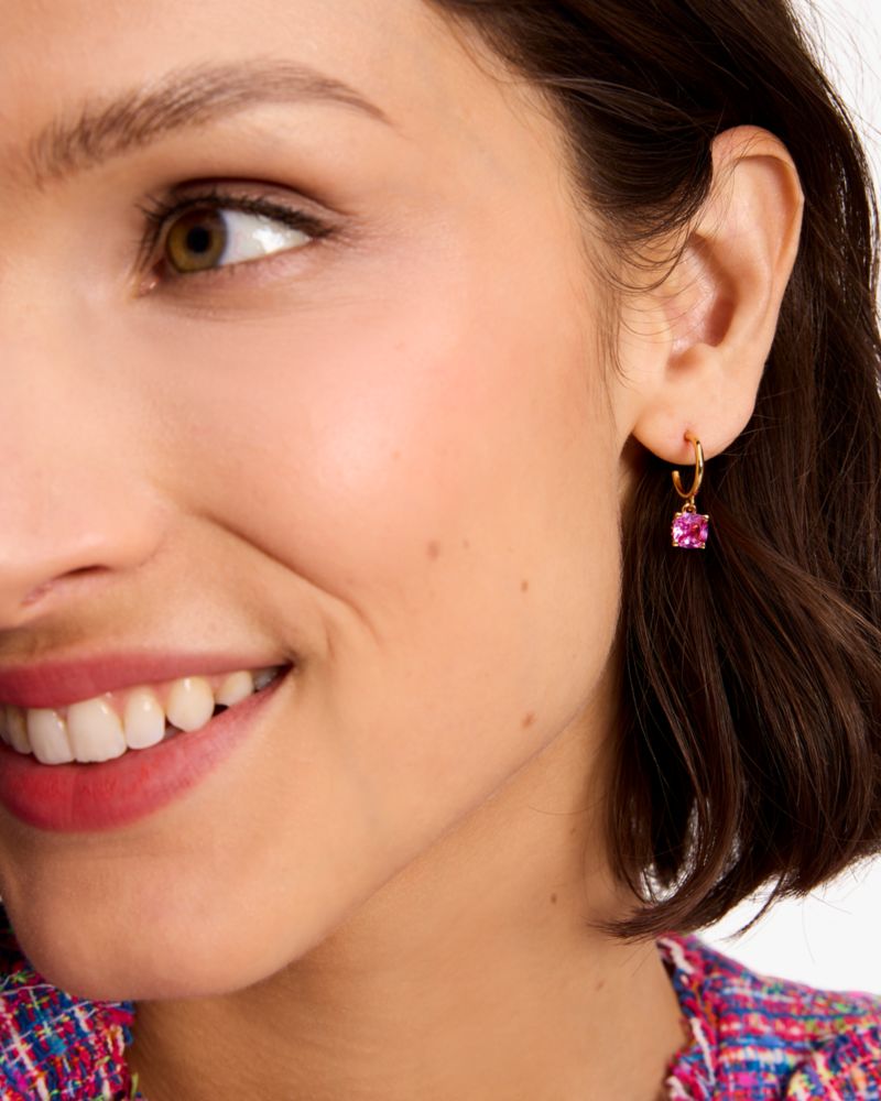 Kate Spade,Little Luxuries 6mm Square Huggies,Dangle Earring,Huggies,Crystal,Gem Embellishment,Gold Metal,Cocktail,Fuchsia