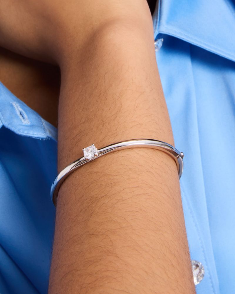 Kate Spade,Little Luxuries Hinged Bangle,Single Strand,Crystal,Gem Embellishment,Silver Metal,Casual,Clear