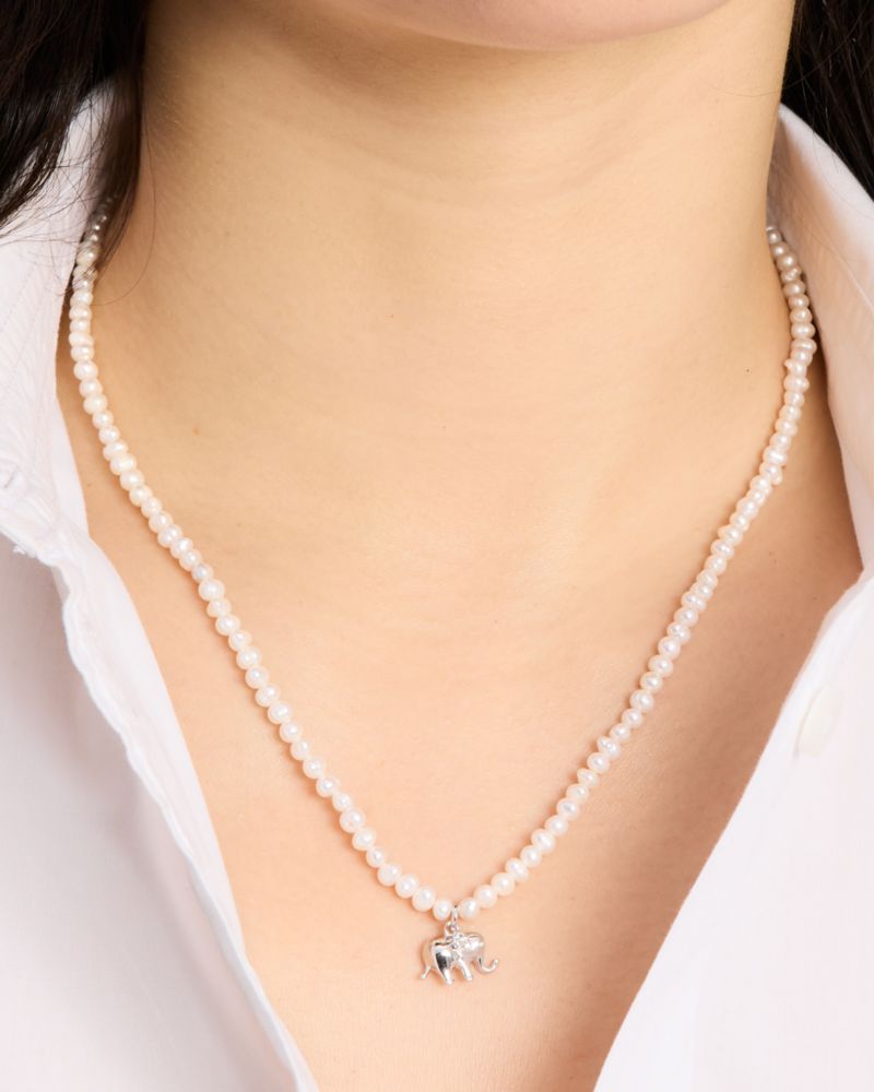 Kate Spade,Precious Elephant Pendant,Single Strand,Cubic Zirconia,Metal Material,Freshwater Pearl,Heart Embellishment,Logo...,White
