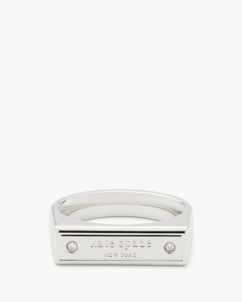 Kate Spade,Sam Icon Bar Ring,Single Band,Engraved Detail,Logo,Rhinestones,Bar Embellishment,Stackable,Silver Metal,Casual,Clear