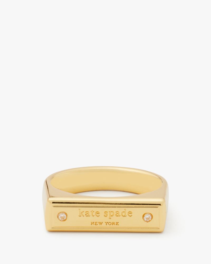 Kate Spade,Sam Icon Bar Ring,Single Band,Bar Embellishment,Engraved Detail,Logo,Rhinestones,Stackable,Gold Metal,Casual,Clear