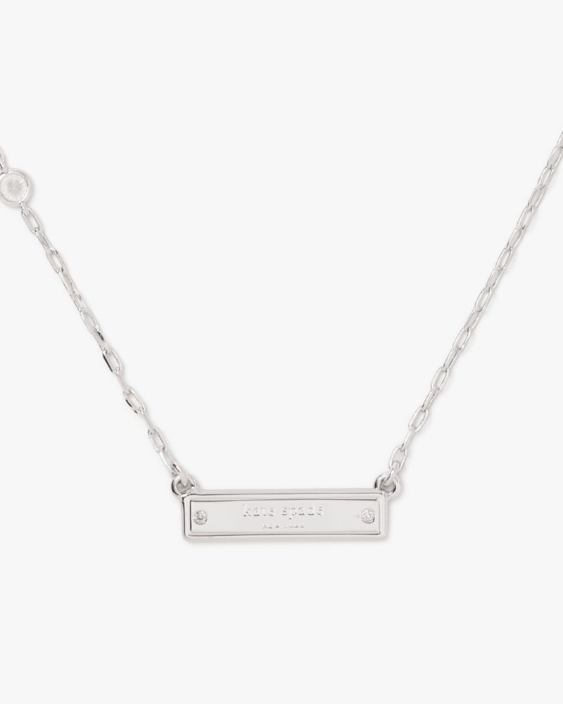 Kate Spade,Sam Icon Bar Pendant,Single Strand,Bar Embellishment,Gem Embellishment,Engraved Detail,Logo,Silver Metal,Work,Clear