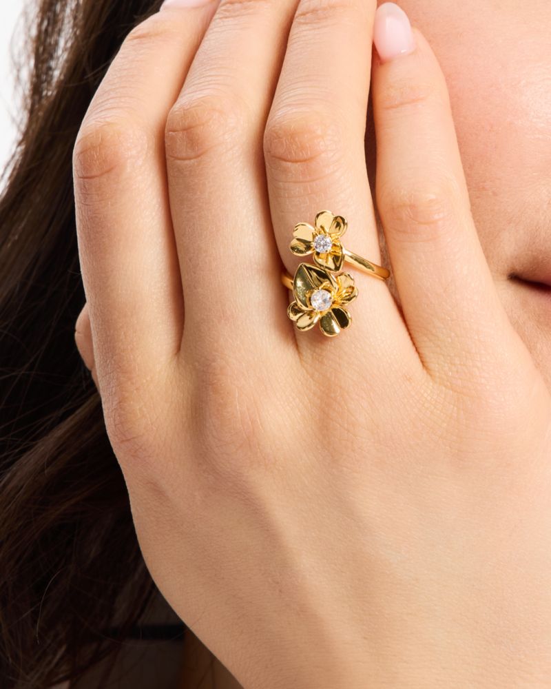 Kate Spade,Precious Pansy Wrap Ring,Twist,Crystal,Floral Embellishment,Gem Embellishment,Stackable,Gold Metal,Day Party,Co...,Clear