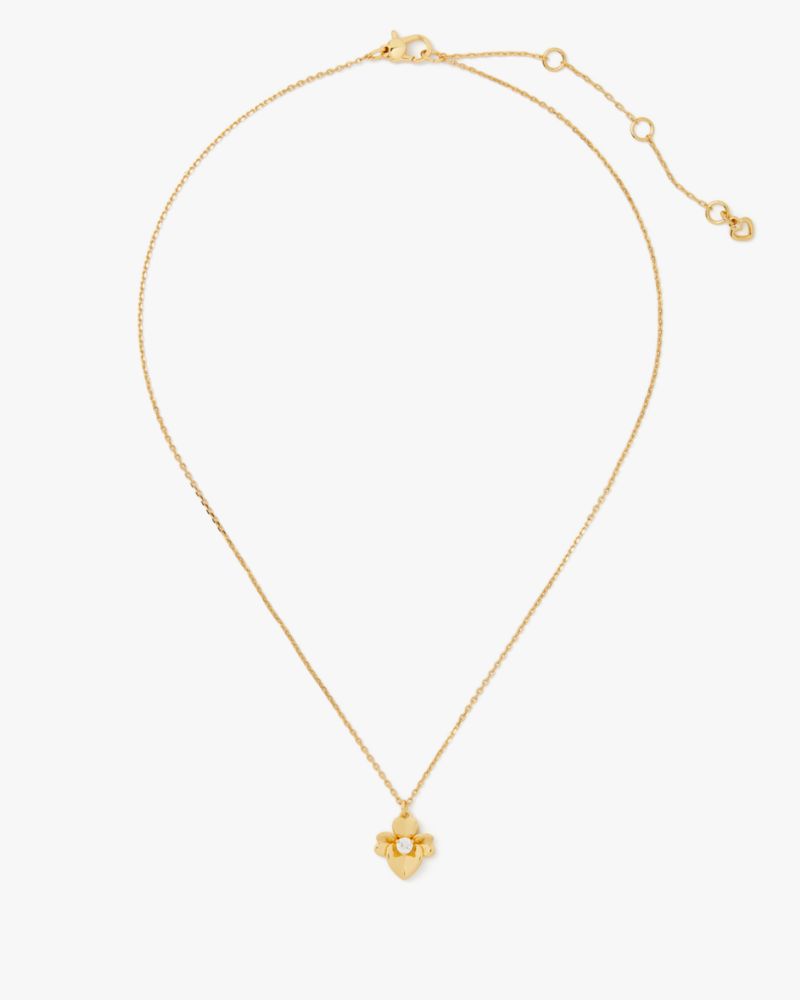 Kate Spade,Precious Pansy Mini Pendant,Single Strand,Floral Embellishment,Rhinestones,Gold Metal,Casual,Clear