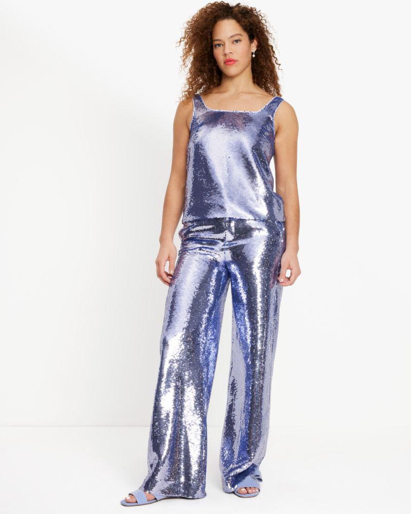 Kate Spade,Wide-leg Sequin Pants,Polyester,Spandex,Wide Leg,Embellished,Sequin,Party,Metallic