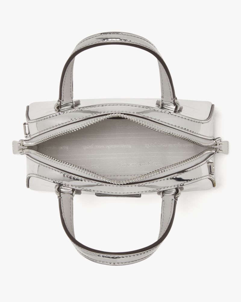 Kate Spade,Sam Icon Metallic Mini Duffle Bag,Bowler Bag,Logo,Word Embellishment,Silver Metal,Casual,White