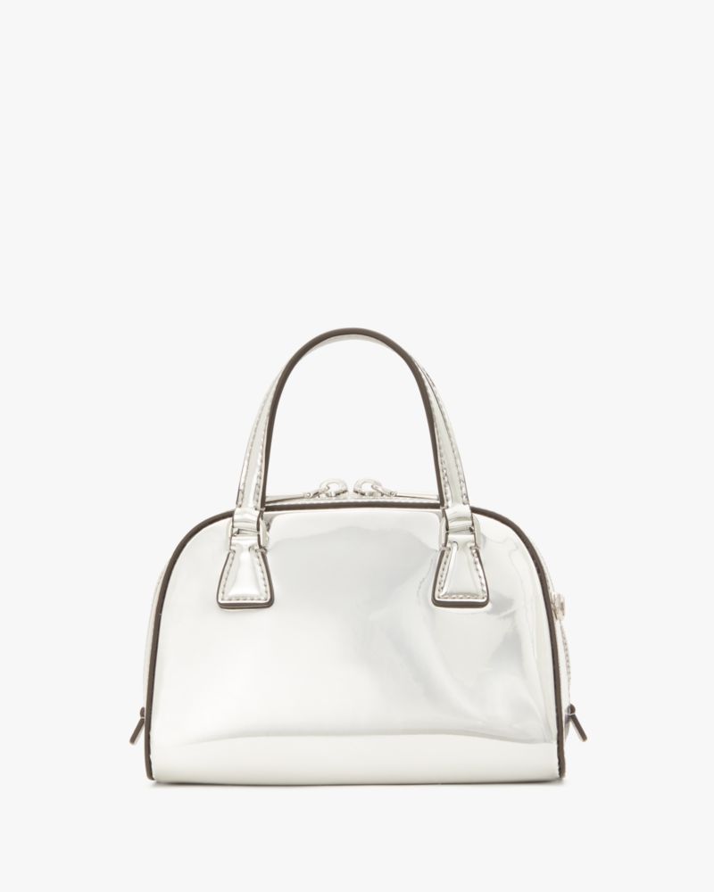 Kate Spade,Sam Icon Metallic Mini Duffle Bag,Bowler Bag,Logo,Word Embellishment,Silver Metal,Casual,White
