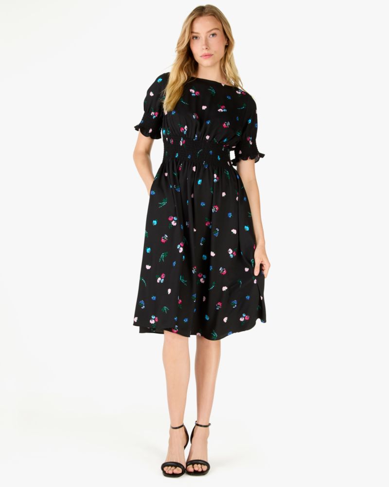 Kate Spade,Chinoiserie Buds Puff-Sleeve Blaire Dress,Black