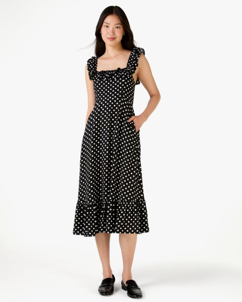 Kate Spade,Dot Dot Dot Ruffle Midi Dress,Black