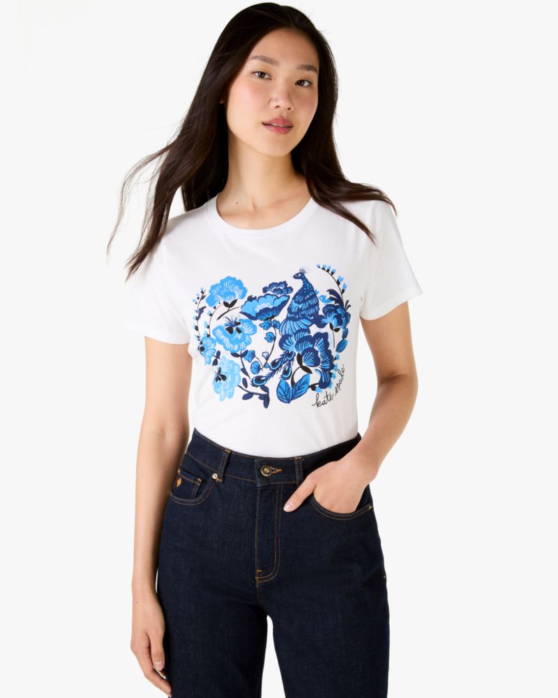 Kate Spade,Embellished Peacock Floral Tee,Fresh White