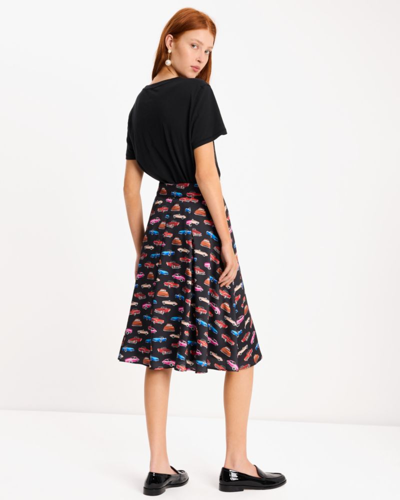 Kate Spade,Cars Pleated Midi Skirt,A-Line,Pleats,Day Party,Multi Color