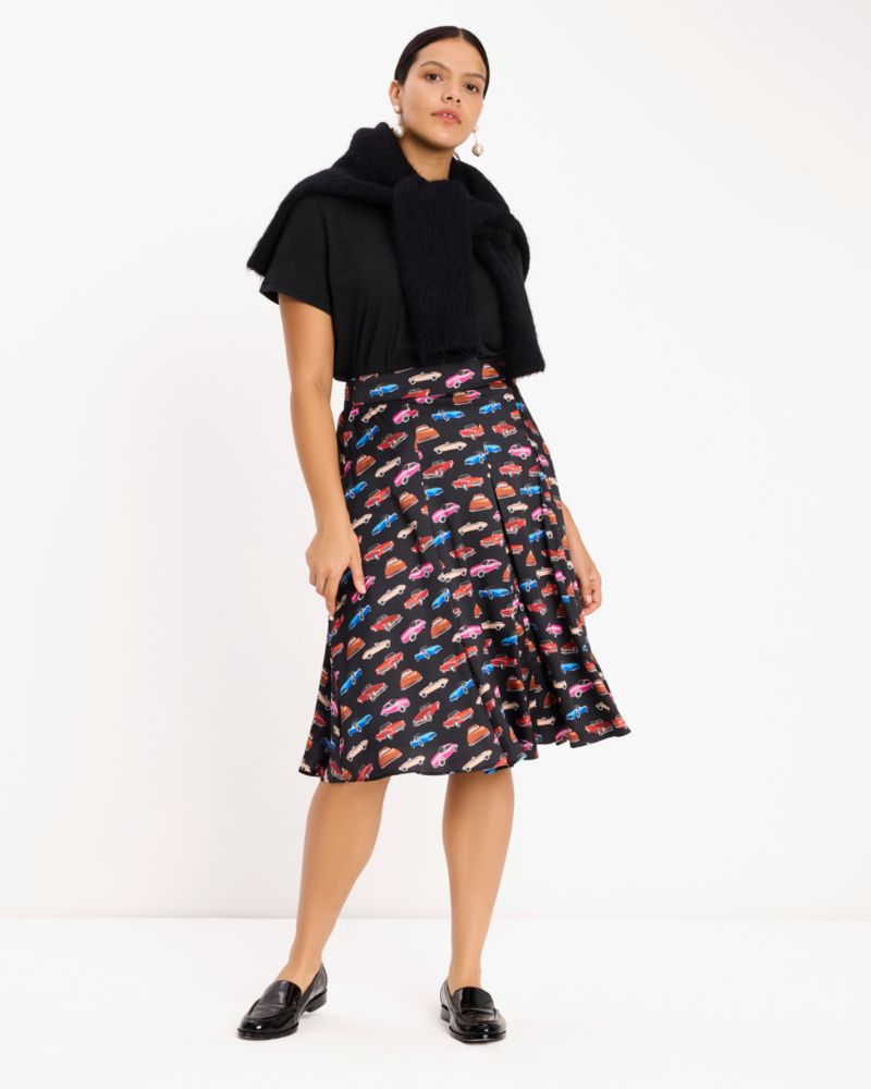 Kate Spade,Cars Pleated Midi Skirt,A-Line,Pleats,Day Party,Multi Color