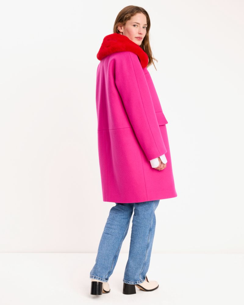 Kate Spade,Faux Fur Wool Coat,Wool,Polyester,Top Coat,Button,Rhinestones,Fur Embellishment,Day Party,