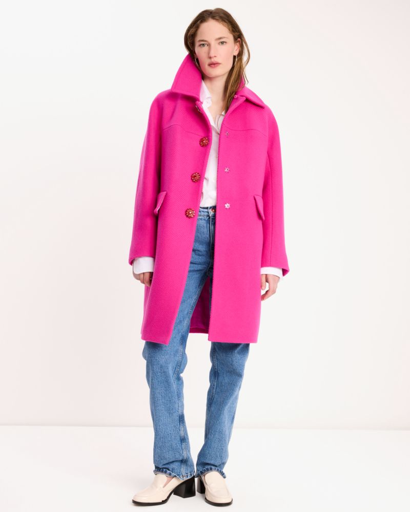 Kate Spade,Faux Fur Wool Coat,Wool,Polyester,Top Coat,Button,Rhinestones,Fur Embellishment,Day Party,
