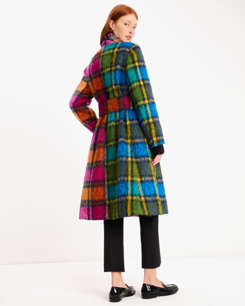 Kate Spade,Grand Plaid Wool Coat,Wool,Polyester,Overcoat,Wrap Coat,A-Line,Color Block,Tie Belt,Day Party,