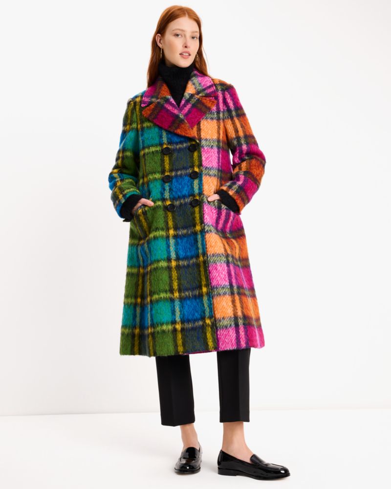 Kate Spade,Grand Plaid Wool Coat,Wool,Polyester,Overcoat,Wrap Coat,A-Line,Color Block,Tie Belt,Day Party,