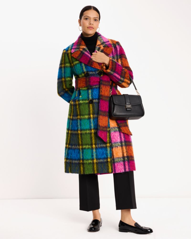 Kate Spade,Grand Plaid Wool Coat,Wool,Polyester,Overcoat,Wrap Coat,A-Line,Color Block,Tie Belt,Day Party,