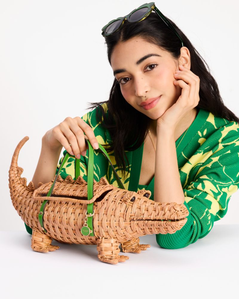 Kate Spade,Swamped Wicker 3D Alligator Bag,Natural Multi