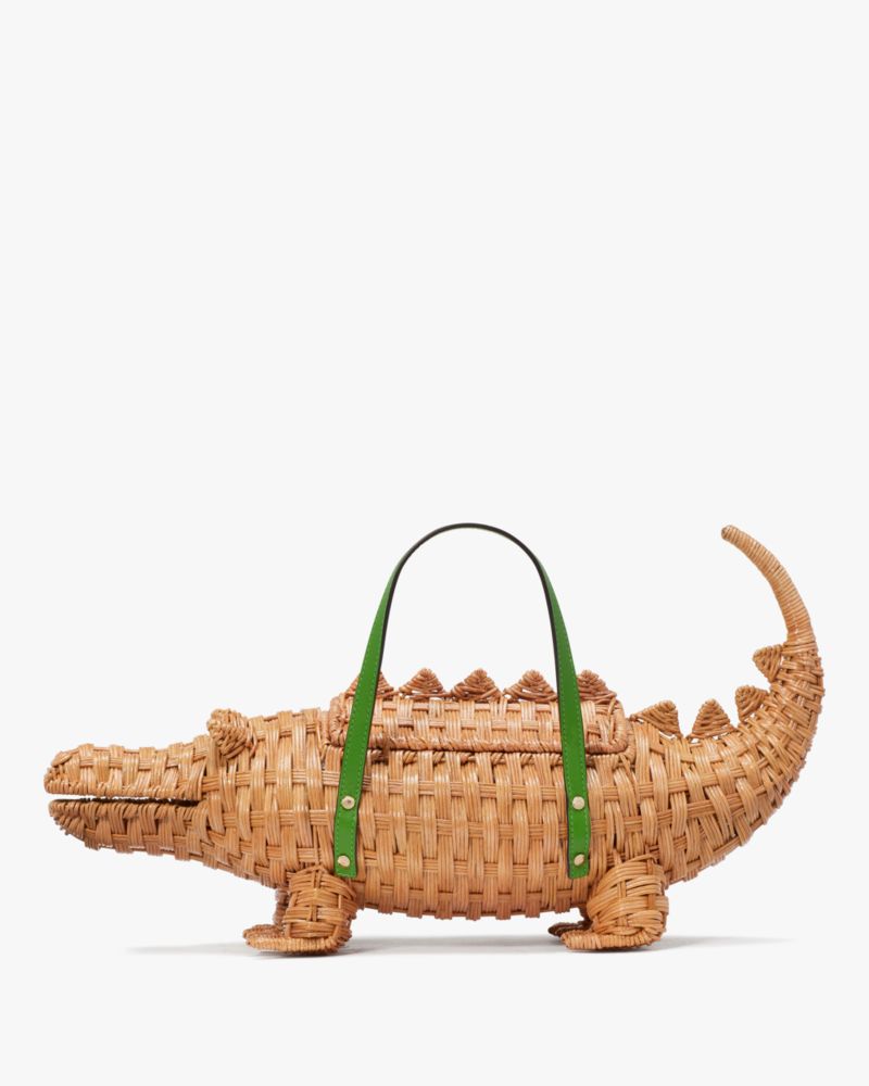 Kate Spade,Swamped Wicker 3d Alligator Bag,Leather,Shell,Wicker,Straw,3D Embellishment,Logo,Metal,Chain Detail,Disc,Day Party,Beige