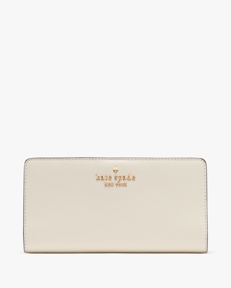 Kate Spade,Madison Large Slim Bifold Wallet,Leather,Bi Fold,Metal,Logo,Casual,Cream